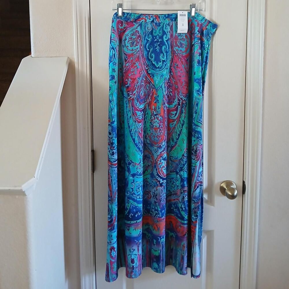 NWT Chico's Multicolored Paisley Sandra Side Slit Maxi Skirt 3/XL Boho Vibrant